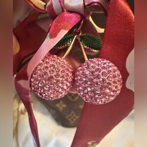 Elegant Pink Crystal Cherry keychain with bow scarf